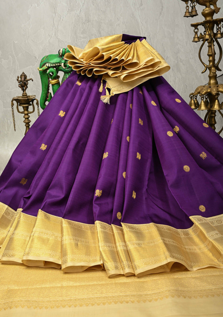 Deep Purple Pure Kanjivaram Silk saree with Zari Buttas and Contrast Korvai Border| SILK MARK CERTIFIED
