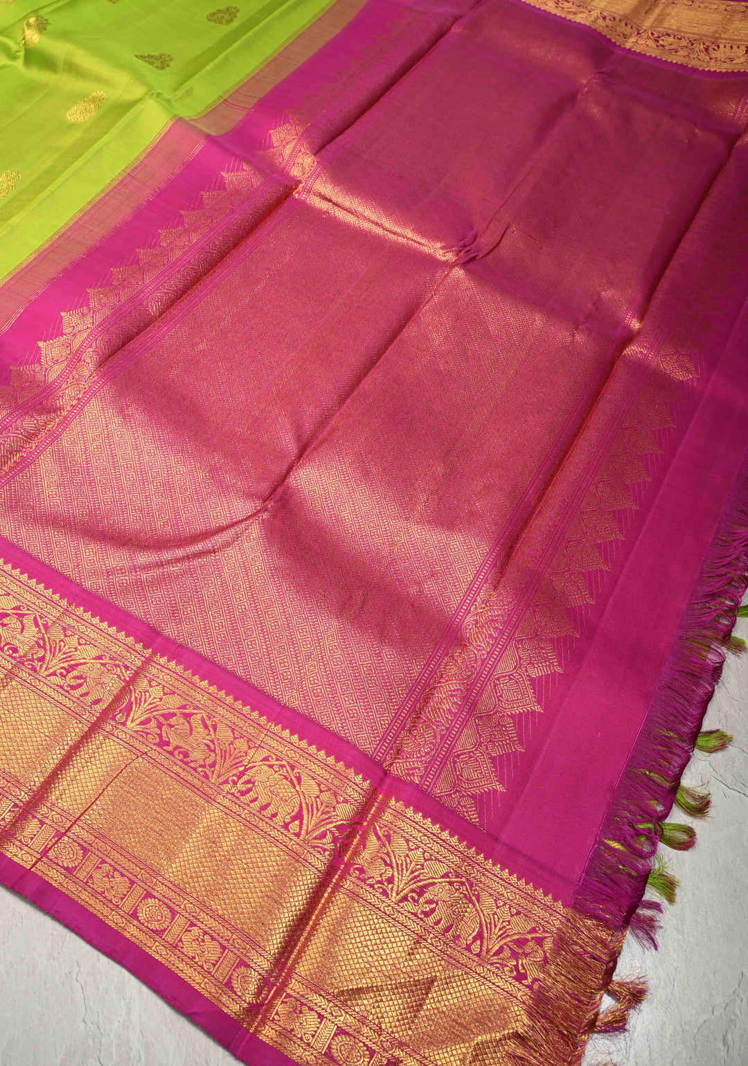 Parrot Green korvai Kanjivaram Pure Silk Saree with Zari Buttas and Contrast Wide Zari Border | SILK MARK CERTIFIED