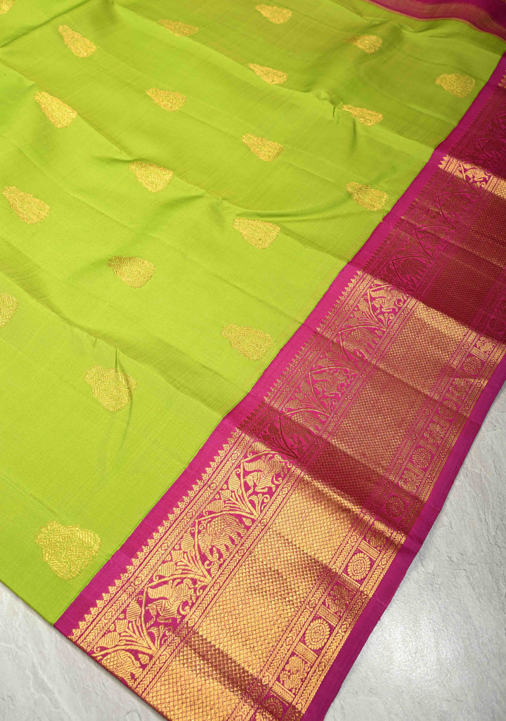 Parrot Green korvai Kanjivaram Pure Silk Saree with Zari Buttas and Contrast Wide Zari Border | SILK MARK CERTIFIED