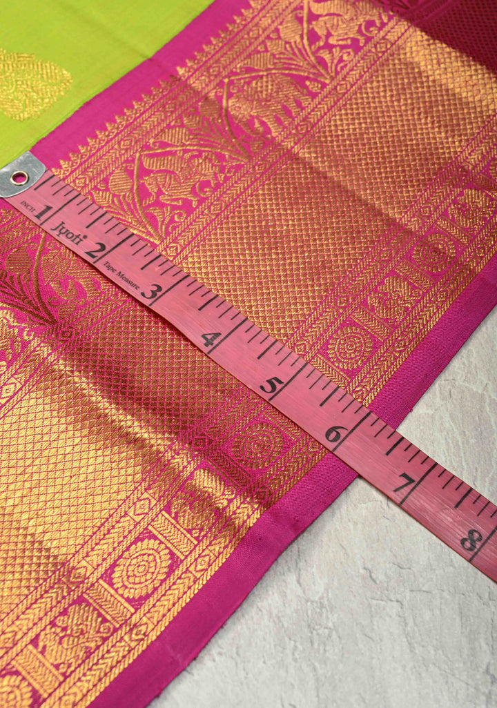 Parrot Green korvai Kanjivaram Pure Silk Saree with Zari Buttas and Contrast Wide Zari Border | SILK MARK CERTIFIED