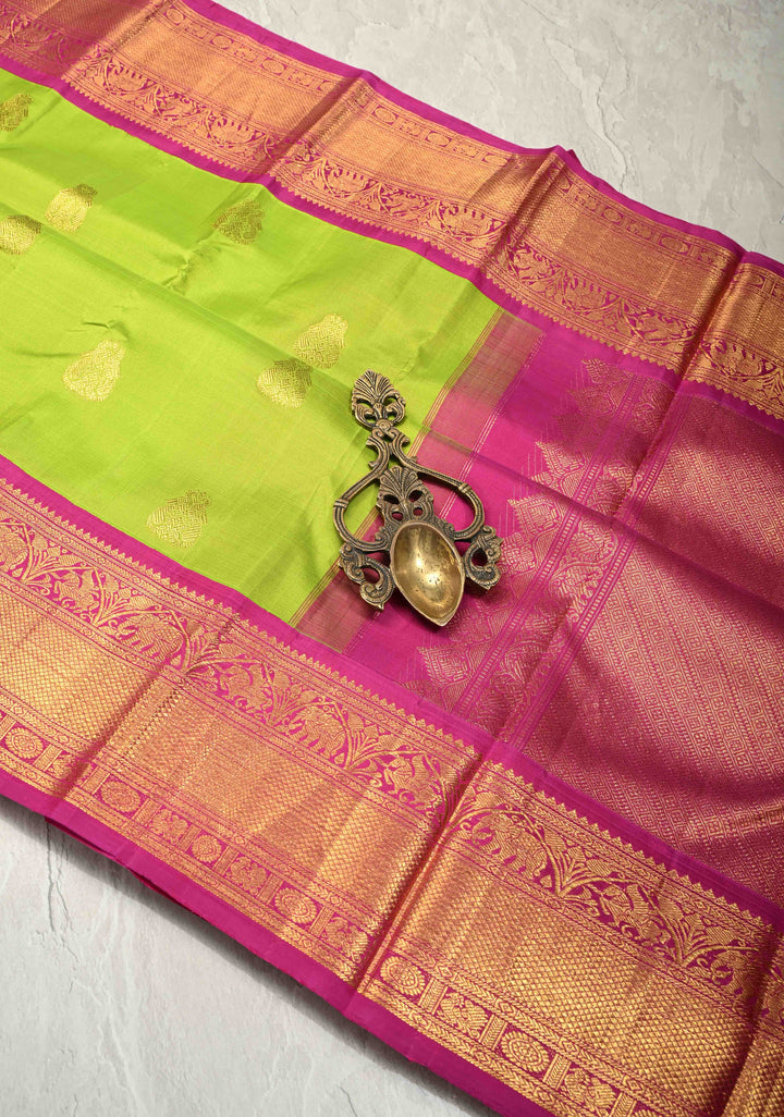 Parrot Green korvai Kanjivaram Pure Silk Saree with Zari Buttas and Contrast Wide Zari Border | SILK MARK CERTIFIED