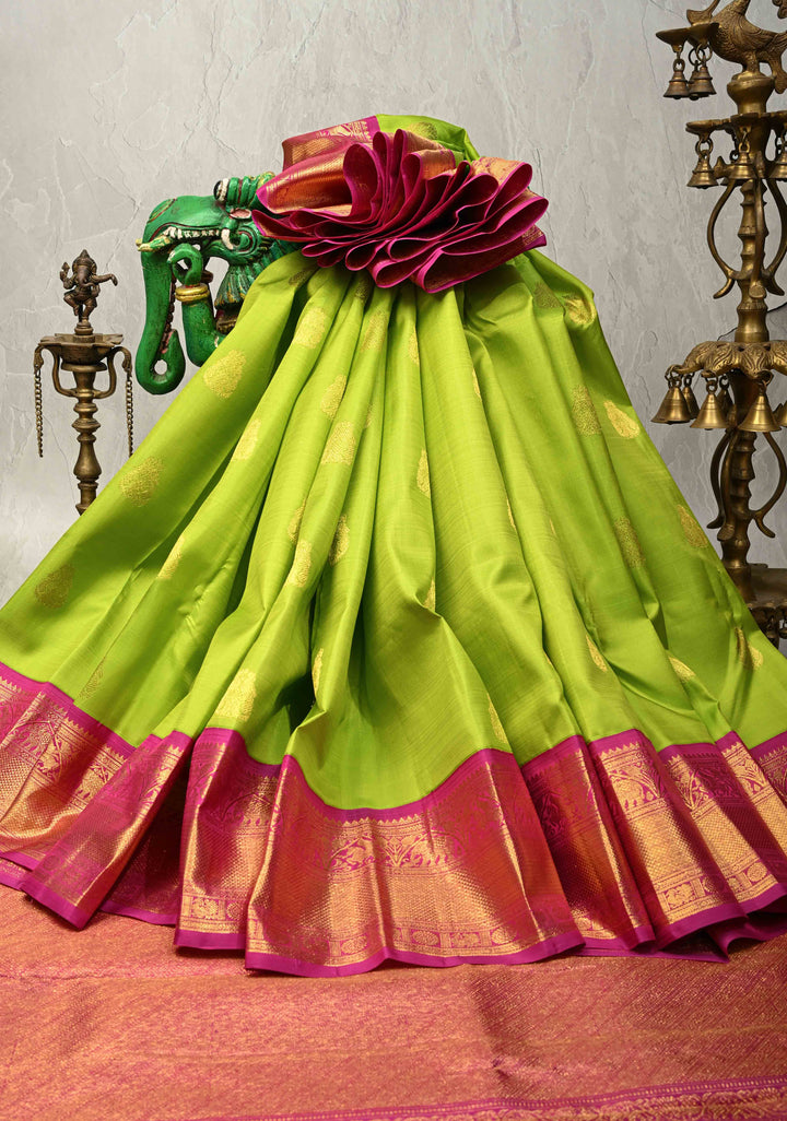 Parrot Green korvai Kanjivaram Pure Silk Saree with Zari Buttas and Contrast Wide Zari Border | SILK MARK CERTIFIED