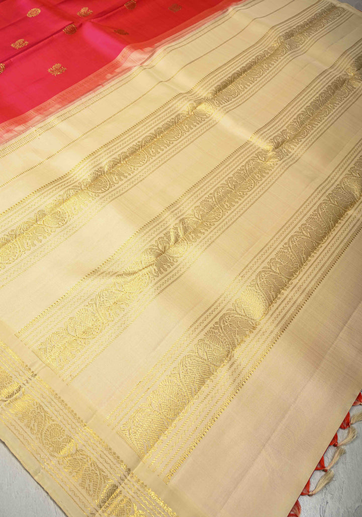 Pink-Orange Dual Korvai Tone Kanjivaram Pure Silk Saree with Zari Buttas and Contrast Zari Border | SILK MARK CERTIFIED