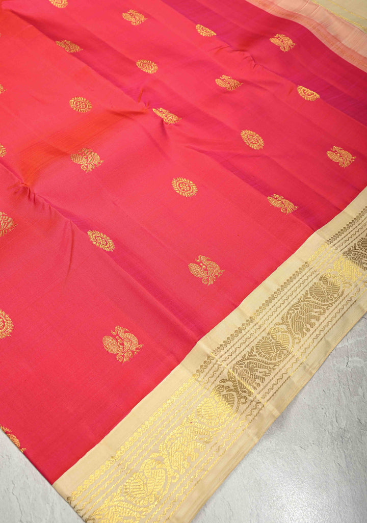 Pink-Orange Dual Korvai Tone Kanjivaram Pure Silk Saree with Zari Buttas and Contrast Zari Border | SILK MARK CERTIFIED