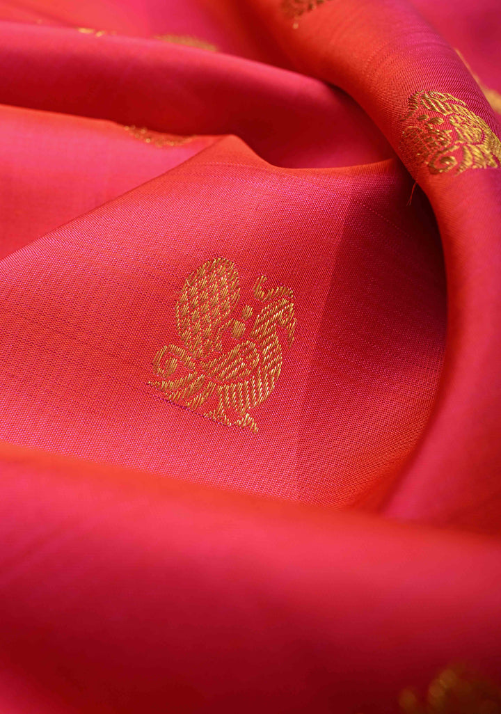 Pink-Orange Dual Korvai Tone Kanjivaram Pure Silk Saree with Zari Buttas and Contrast Zari Border | SILK MARK CERTIFIED