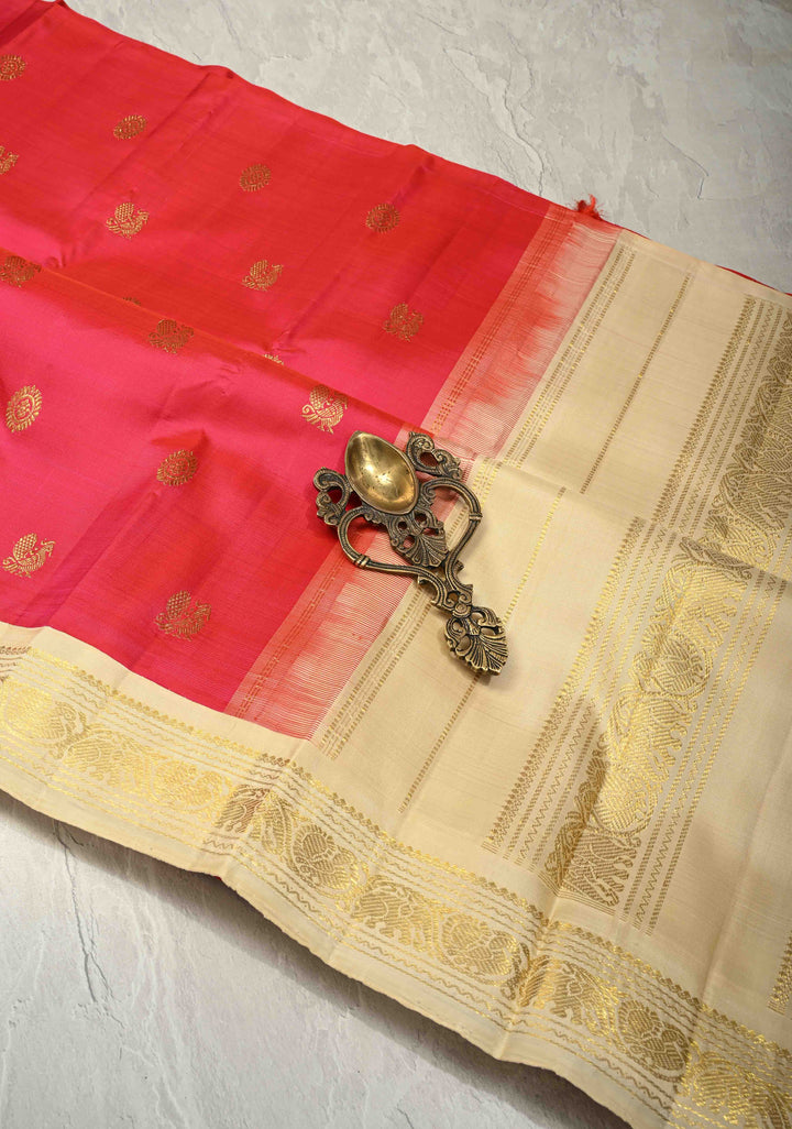 Pink-Orange Dual Korvai Tone Kanjivaram Pure Silk Saree with Zari Buttas and Contrast Zari Border | SILK MARK CERTIFIED