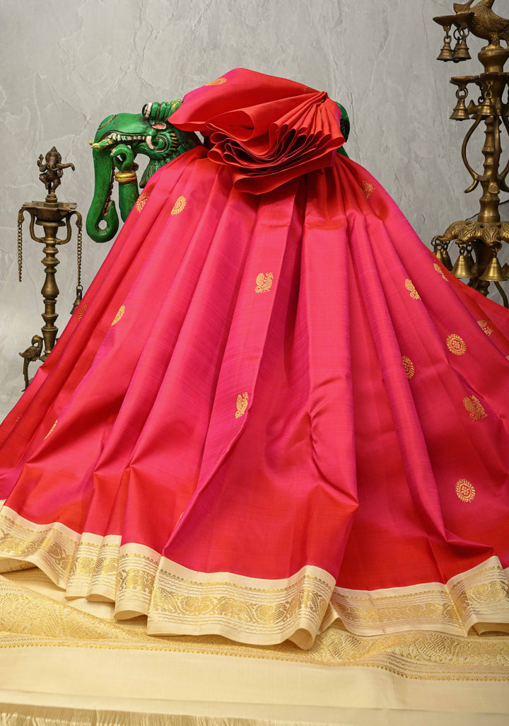 Pink-Orange Dual Korvai Tone Kanjivaram Pure Silk Saree with Zari Buttas and Contrast Zari Border | SILK MARK CERTIFIED