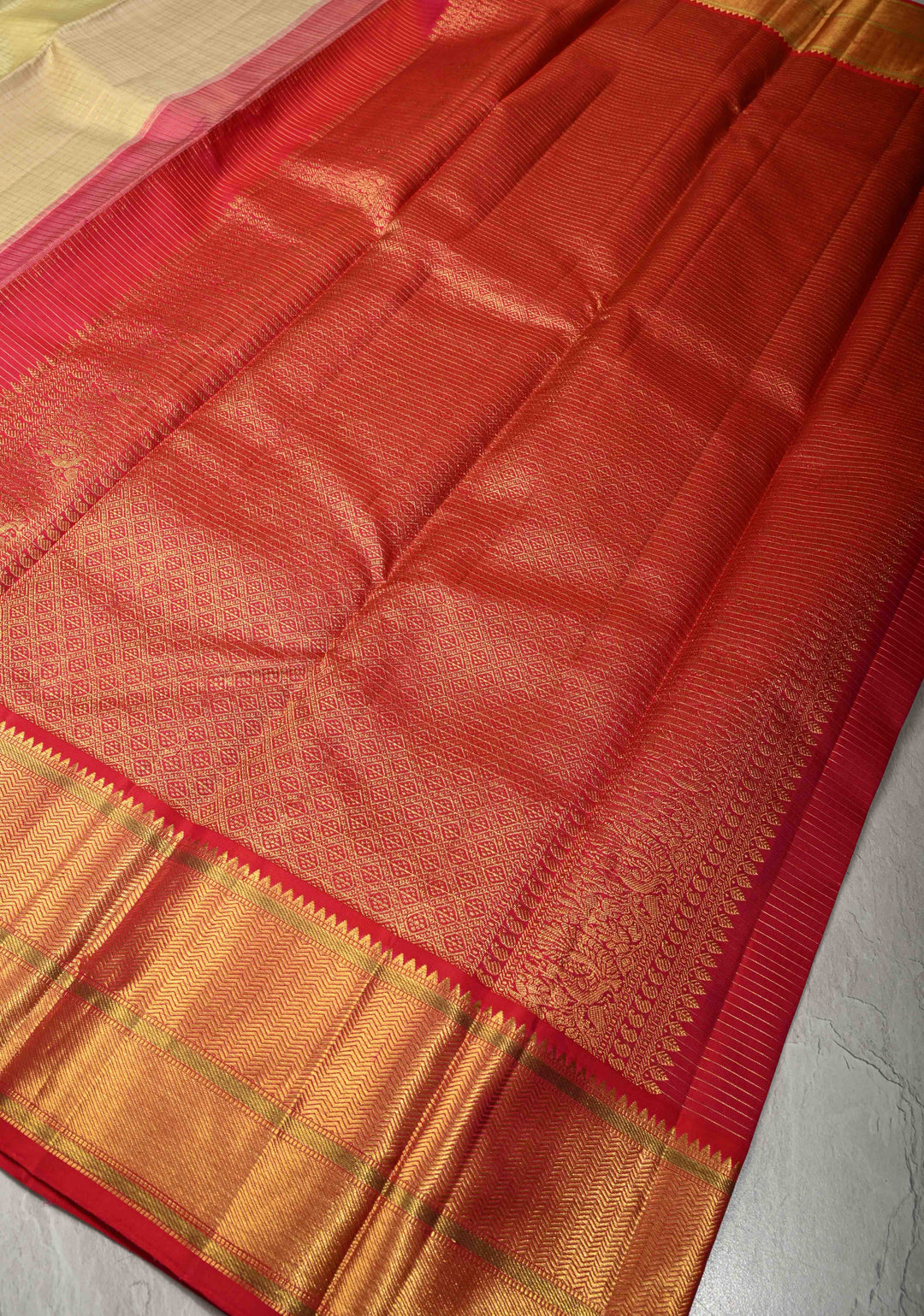 Pista Green Dual Tone korvai Kanjivaram Pure Silk Saree with Zari Checks and Contrast Wide Zari Border | SILK MARK CERTIFIED