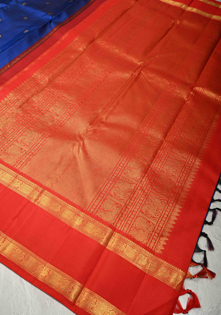 Sapphire Blue  Korvai Kanjivaram Pure Silk Saree with Zari Buttas and Contrast Rettaipet Zari Border | SILK MARK CERTIFIED