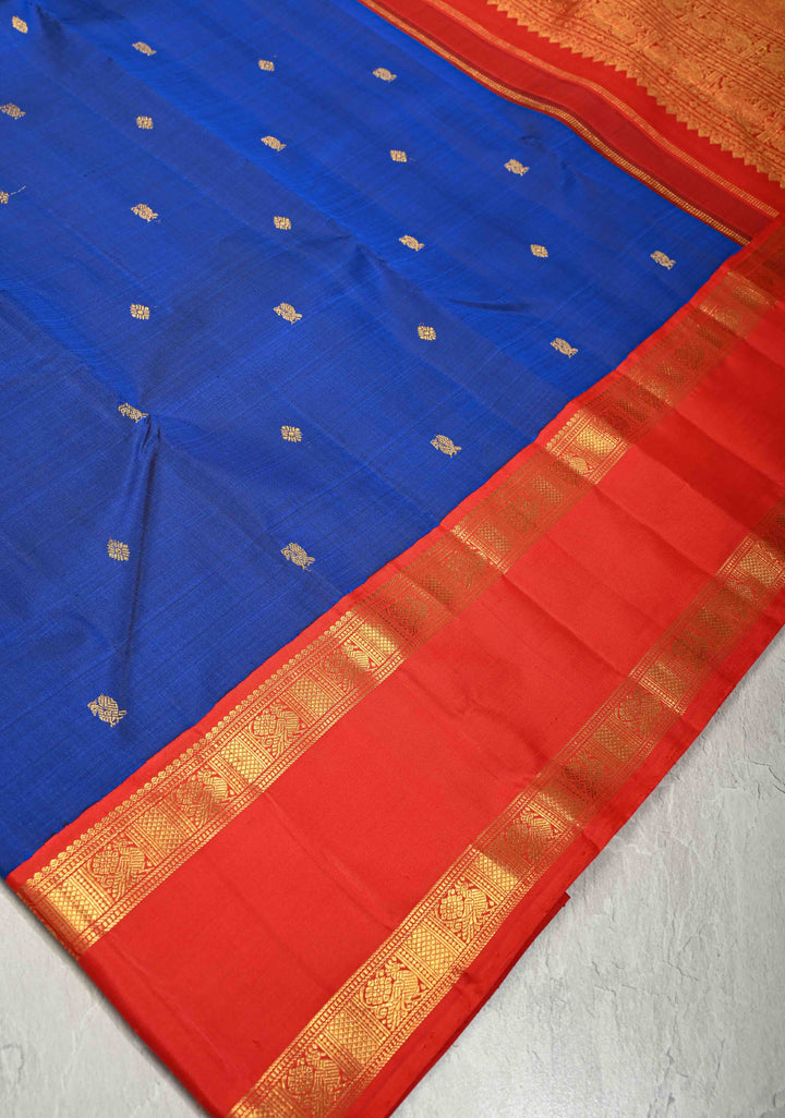 Sapphire Blue  Korvai Kanjivaram Pure Silk Saree with Zari Buttas and Contrast Rettaipet Zari Border | SILK MARK CERTIFIED