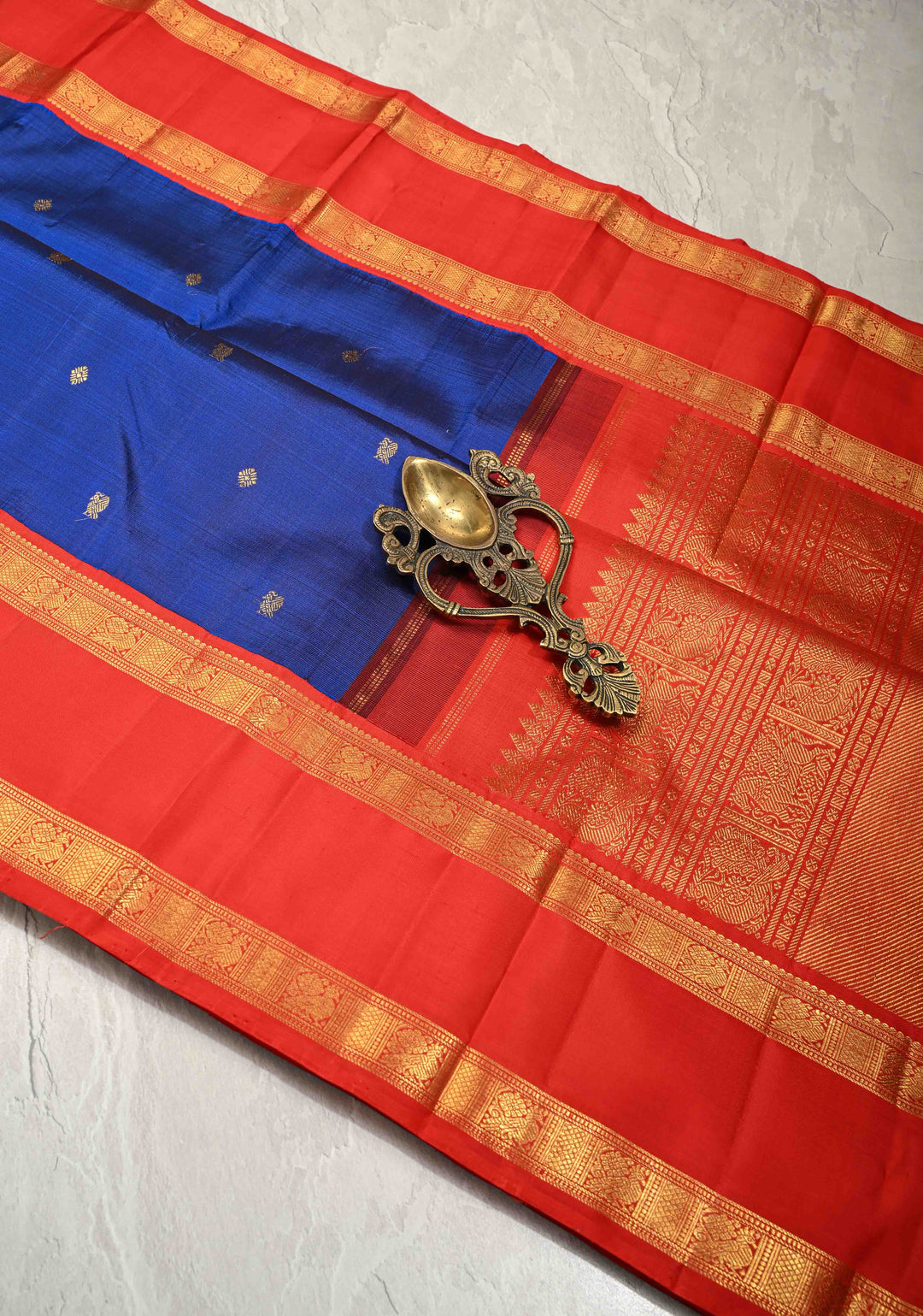 Sapphire Blue  Korvai Kanjivaram Pure Silk Saree with Zari Buttas and Contrast Rettaipet Zari Border | SILK MARK CERTIFIED