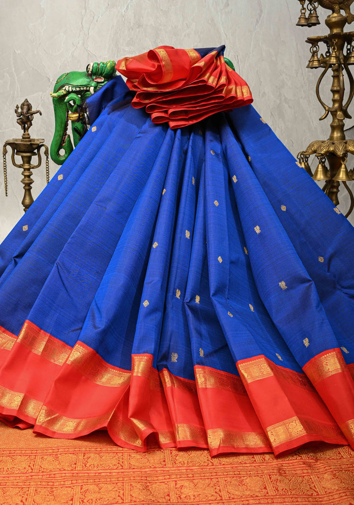 Sapphire Blue  Korvai Kanjivaram Pure Silk Saree with Zari Buttas and Contrast Rettaipet Zari Border | SILK MARK CERTIFIED