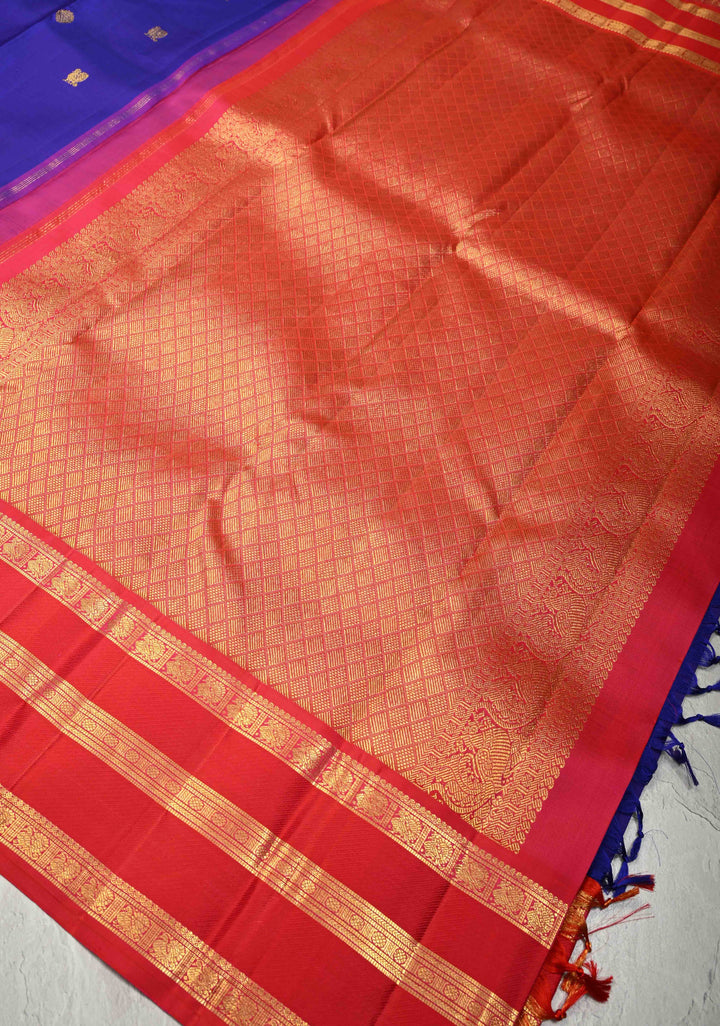 Dark Voilet Kanjivaram Pure Silk Saree with Zari Buttas and Korvai Contrast Border | SILK MARK CERTIFIED