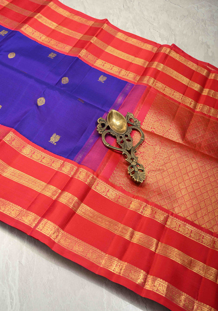 Dark Voilet Kanjivaram Pure Silk Saree with Zari Buttas and Korvai Contrast Border | SILK MARK CERTIFIED