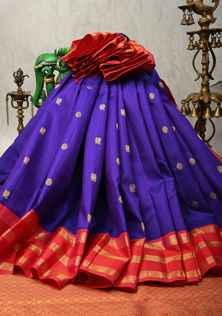Dark Voilet Kanjivaram Pure Silk Saree with Zari Buttas and Korvai Contrast Border | SILK MARK CERTIFIED