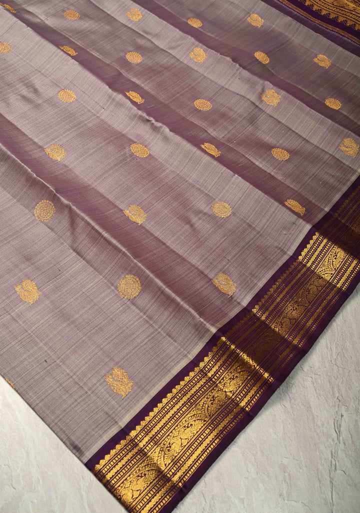 Mauve Pure Kanjivaram Silk Saree with Zari Buttas and Contrast Zari Border| SILK MARK CERTIFIED
