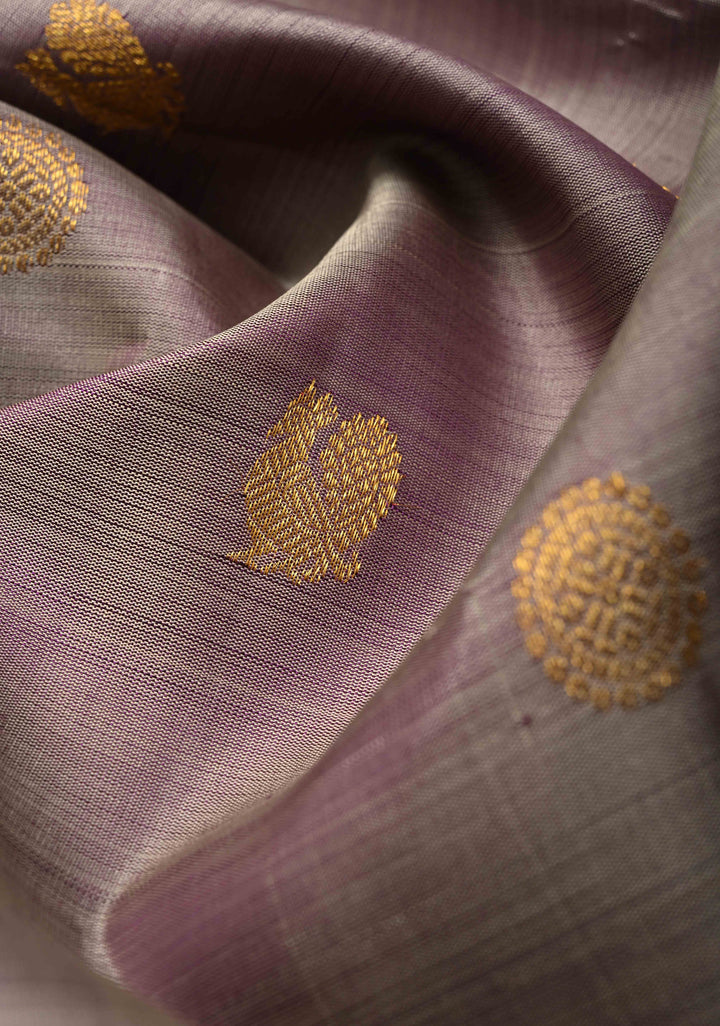 Mauve Pure Kanjivaram Silk Saree with Zari Buttas and Contrast Zari Border| SILK MARK CERTIFIED