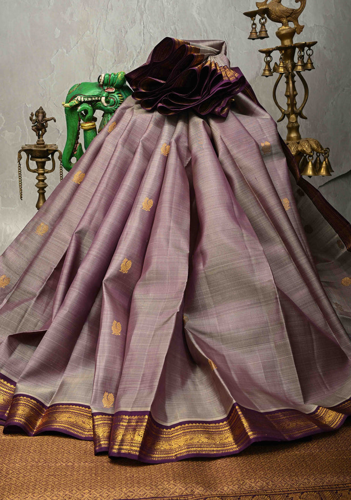 Mauve Pure Kanjivaram Silk Saree with Zari Buttas and Contrast Zari Border| SILK MARK CERTIFIED