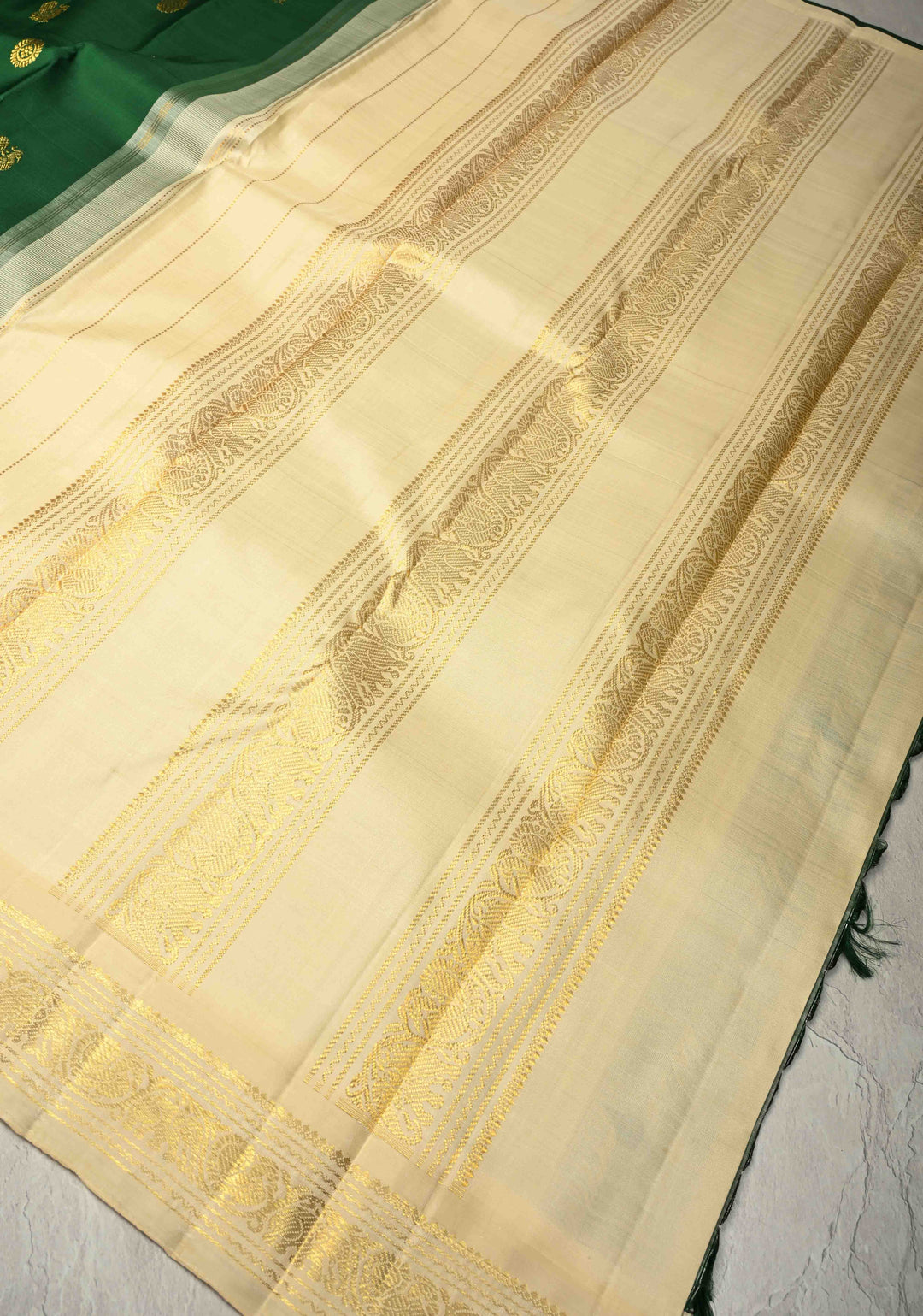 Forest Green Pure Kanjivaram Silk Saree with Zari Buttas and Korvai Border | SILK MARK CERTIFIED