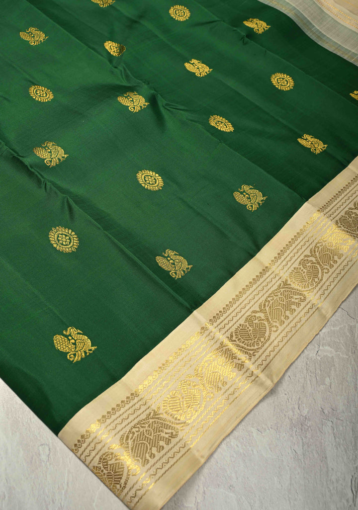 Forest Green Pure Kanjivaram Silk Saree with Zari Buttas and Korvai Border | SILK MARK CERTIFIED