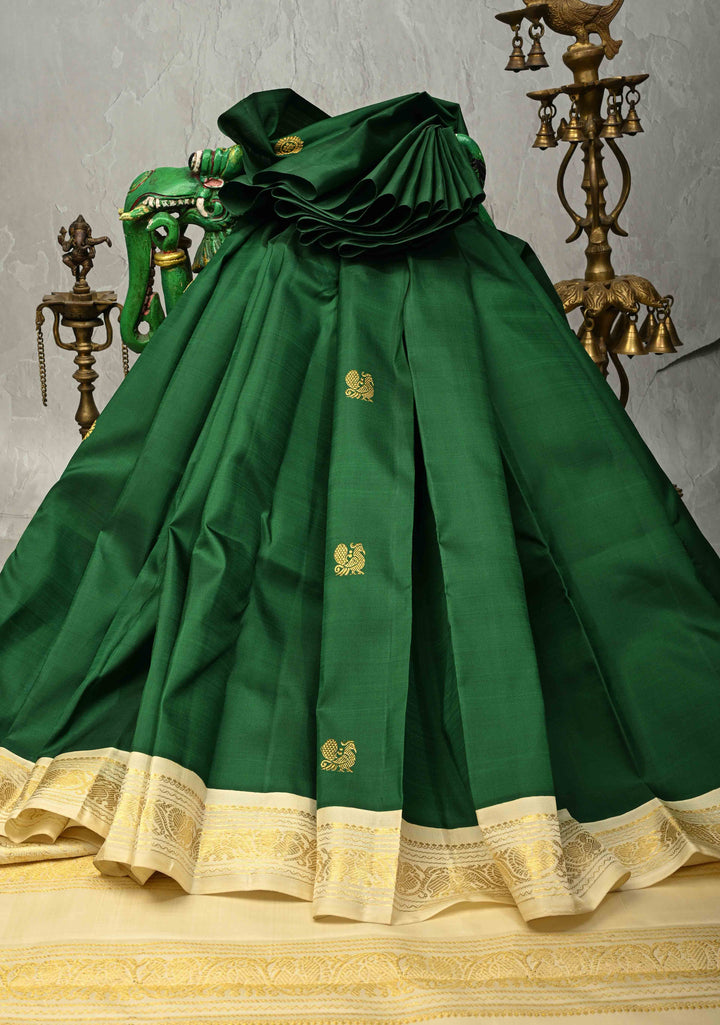 Forest Green Pure Kanjivaram Silk Saree with Zari Buttas and Korvai Border | SILK MARK CERTIFIED