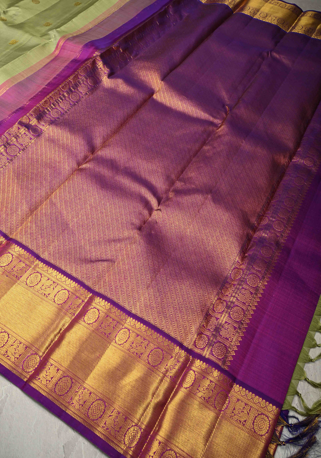 Pista Green Pure Kanjivaram Silk Saree with Zari Buttas and Contrast Zari Border| SILK MARK CERTIFIED