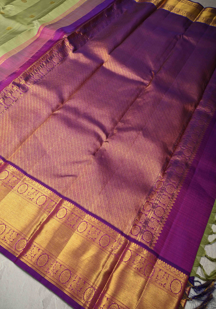 Pista Green Pure Kanjivaram Silk Saree with Zari Buttas and Contrast Zari Border| SILK MARK CERTIFIED