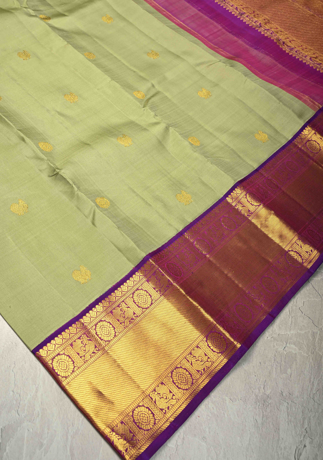 Pista Green Pure Kanjivaram Silk Saree with Zari Buttas and Contrast Zari Border| SILK MARK CERTIFIED