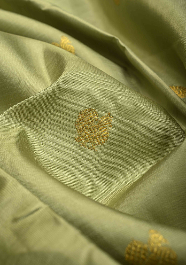 Pista Green Pure Kanjivaram Silk Saree with Zari Buttas and Contrast Zari Border| SILK MARK CERTIFIED