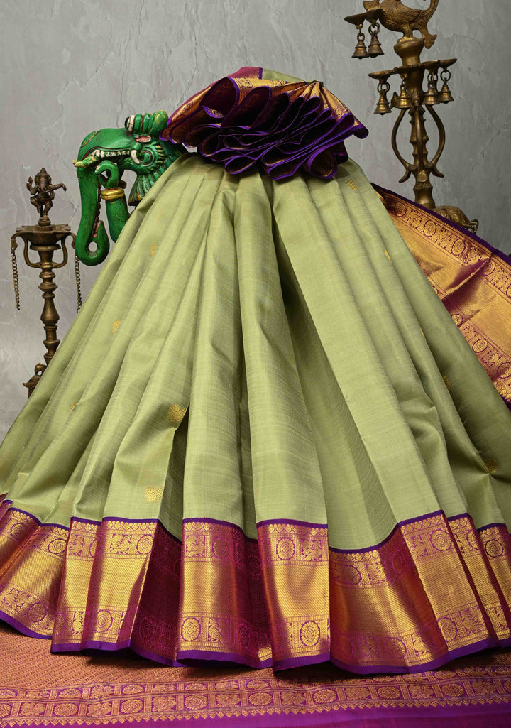 Pista Green Pure Kanjivaram Silk Saree with Zari Buttas and Contrast Zari Border| SILK MARK CERTIFIED