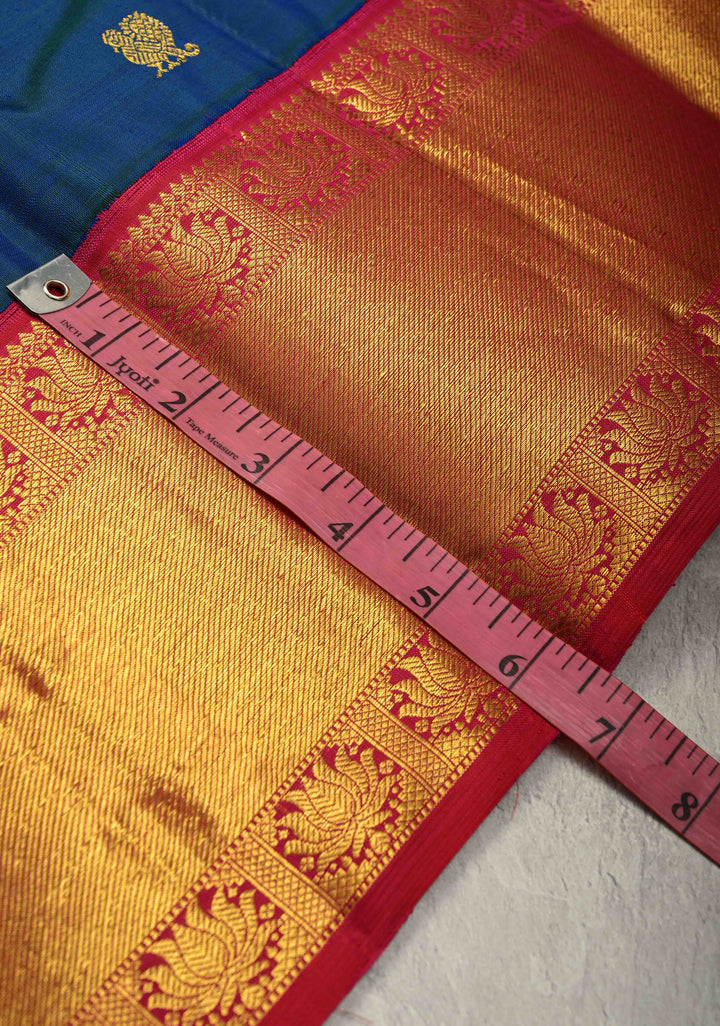 Blue-Green Dual Tone Pure Kanjivaram Silk Saree with Zari Buttas and Contrast Border| SILK MARK CERTIFIED