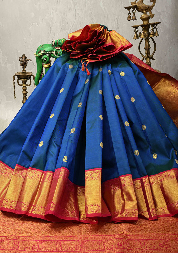 Blue-Green Dual Tone Pure Kanjivaram Silk Saree with Zari Buttas and Contrast Border| SILK MARK CERTIFIED