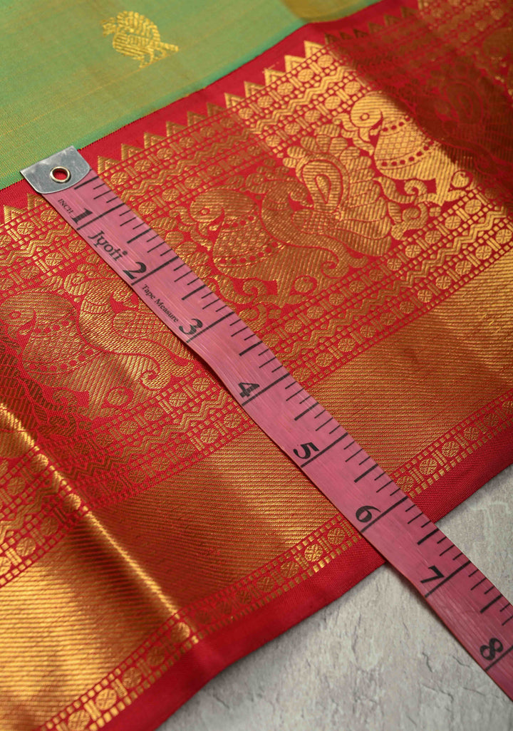 Parrot Green Dual Tone Pure Kanjivaram Silk Saree with Zari Buttas and Contrast Border | SILK MARK CERTIFIED
