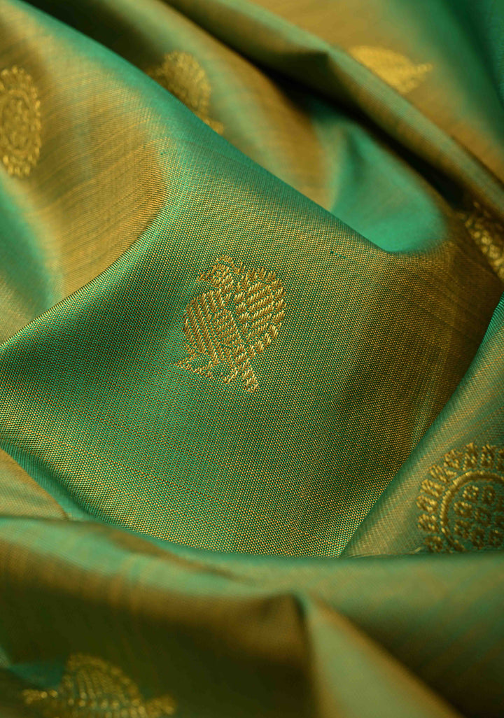 Parrot Green Dual Tone Pure Kanjivaram Silk Saree with Zari Buttas and Contrast Border | SILK MARK CERTIFIED