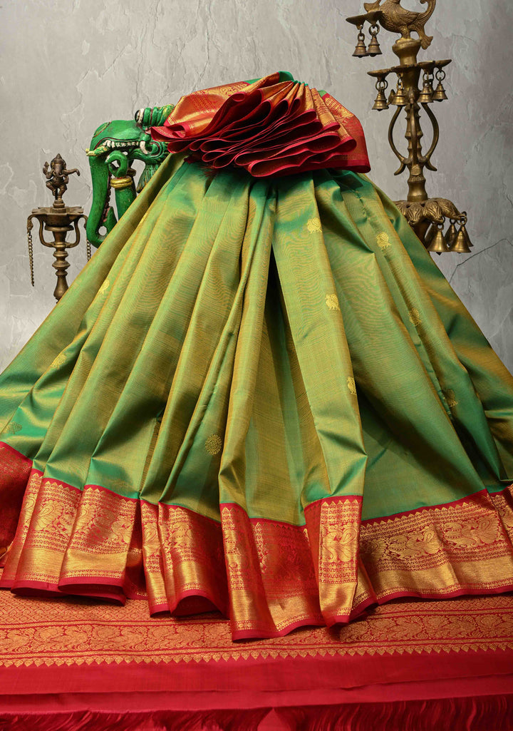 Parrot Green Dual Tone Pure Kanjivaram Silk Saree with Zari Buttas and Contrast Border | SILK MARK CERTIFIED