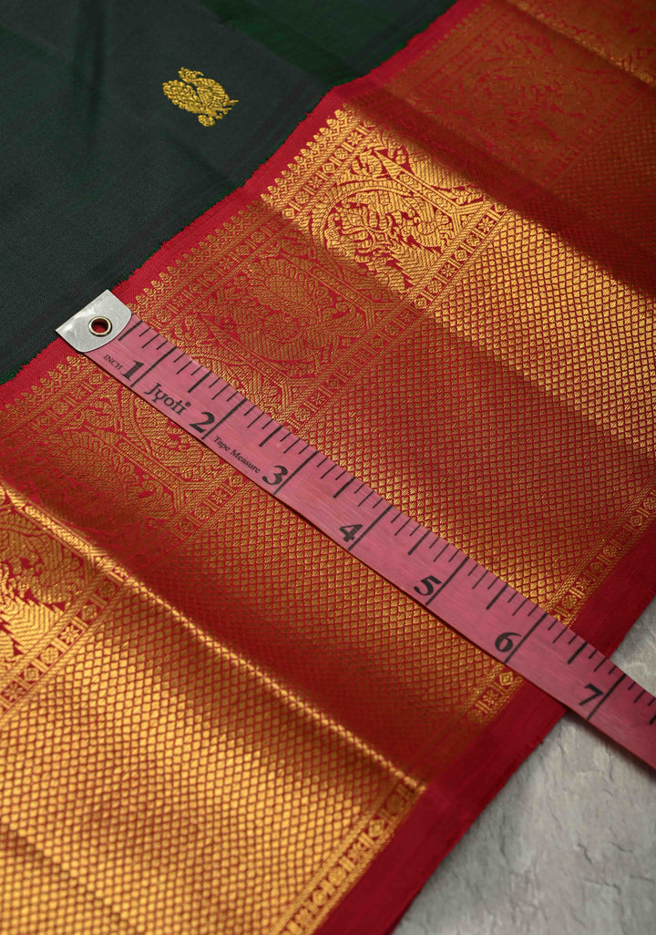 Bottle Green Dual Tone Pure Kanjivaram Silk Saree with Zari Buttas and Contrast Zari Border | SILK MARK CERTIFIED
