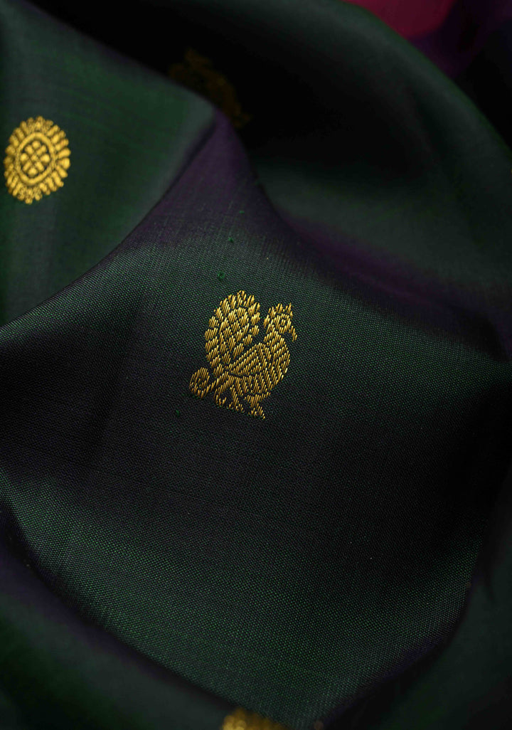 Bottle Green Dual Tone Pure Kanjivaram Silk Saree with Zari Buttas and Contrast Zari Border | SILK MARK CERTIFIED