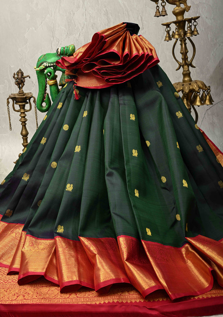 Bottle Green Dual Tone Pure Kanjivaram Silk Saree with Zari Buttas and Contrast Zari Border | SILK MARK CERTIFIED
