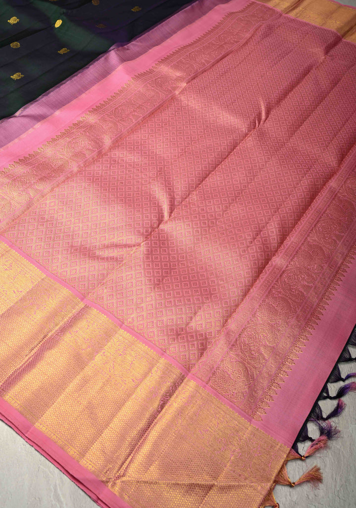 Bottle Green-Blue Dual Tone Pure Kanjivaram Silk Saree with Zari Buttas and Contrast Zari Border| SILK MARK CERTIFIED