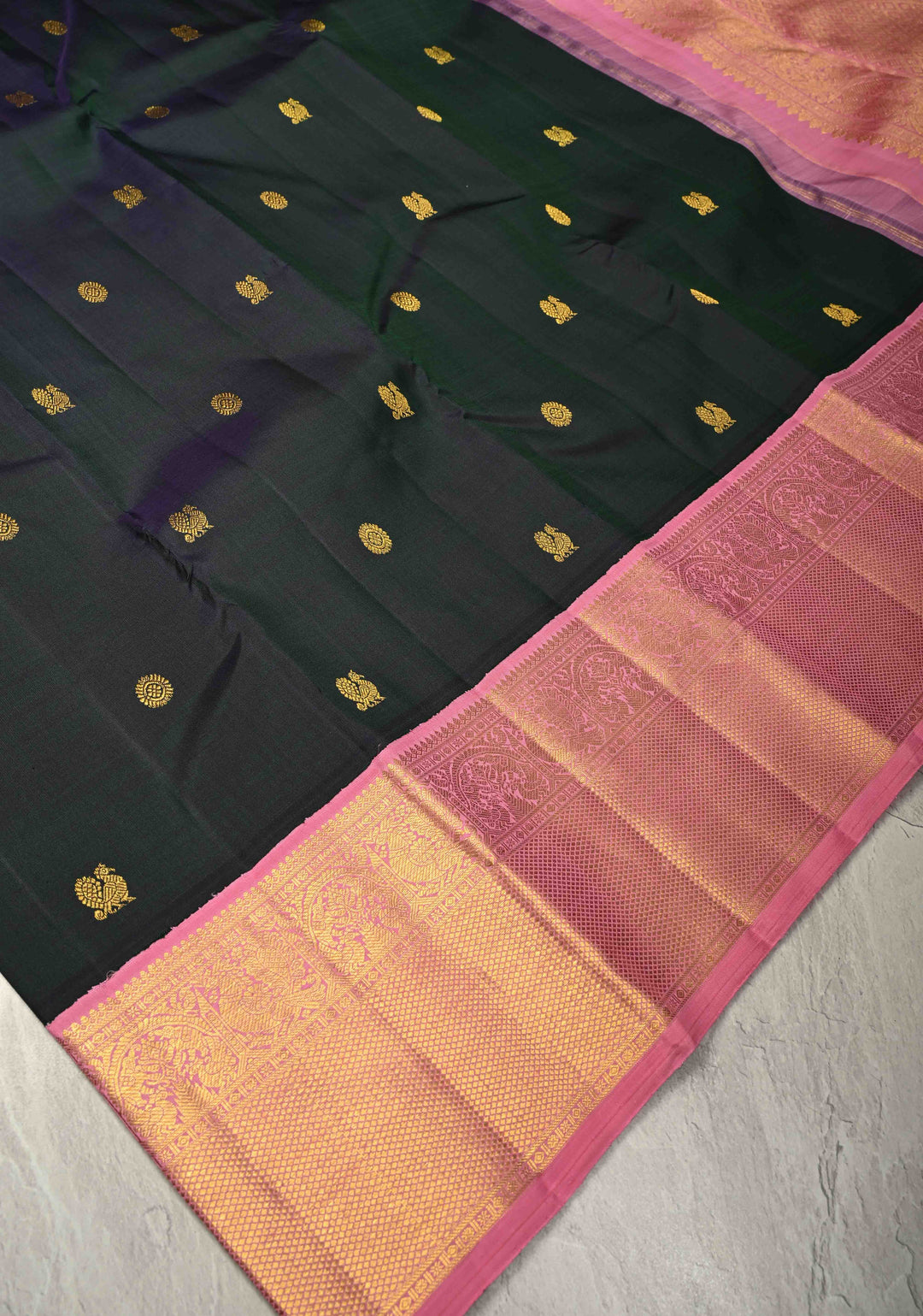 Bottle Green-Blue Dual Tone Pure Kanjivaram Silk Saree with Zari Buttas and Contrast Zari Border| SILK MARK CERTIFIED