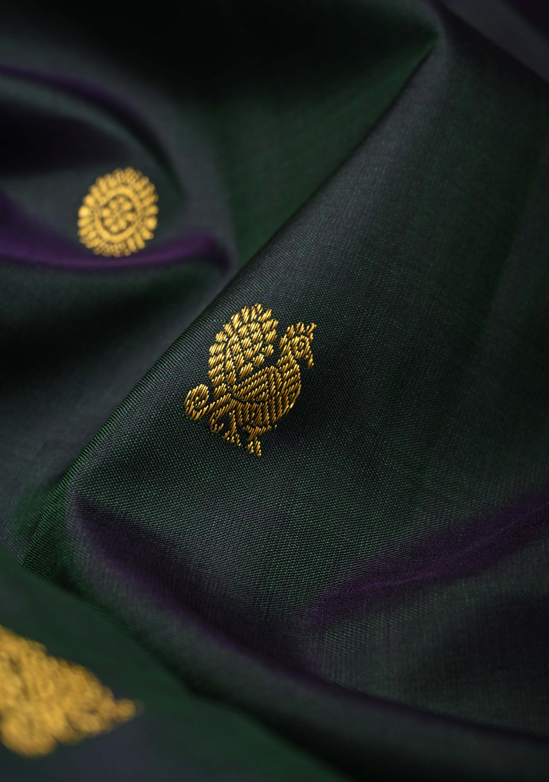 Bottle Green-Blue Dual Tone Pure Kanjivaram Silk Saree with Zari Buttas and Contrast Zari Border| SILK MARK CERTIFIED