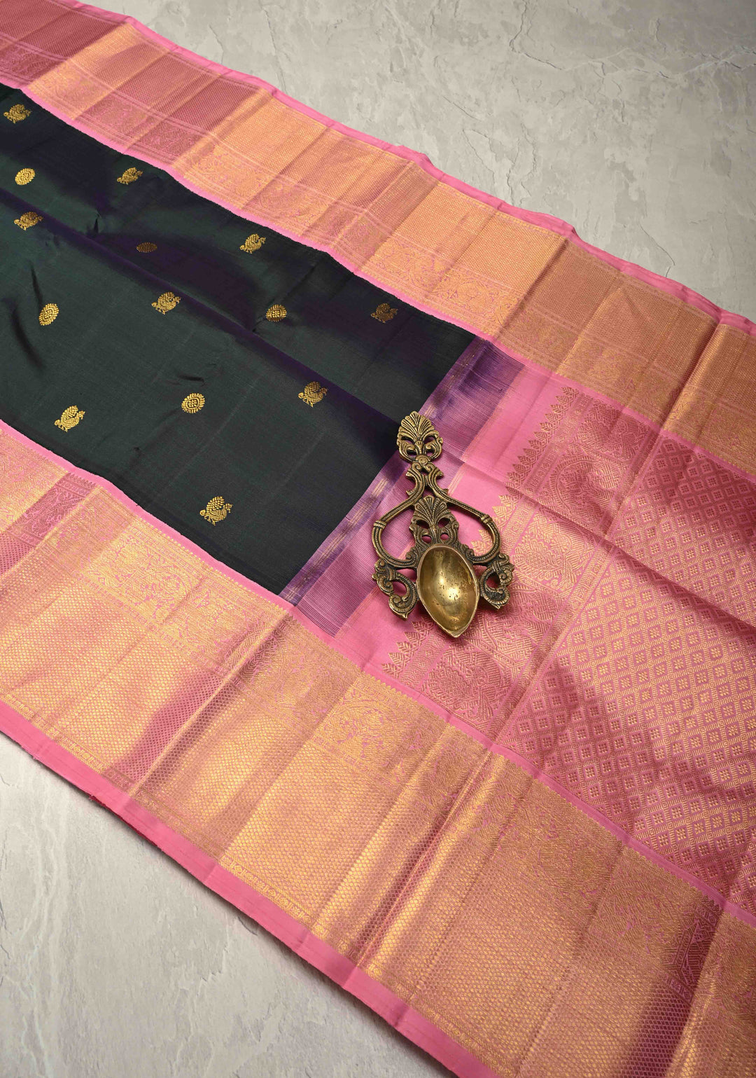 Bottle Green-Blue Dual Tone Pure Kanjivaram Silk Saree with Zari Buttas and Contrast Zari Border| SILK MARK CERTIFIED