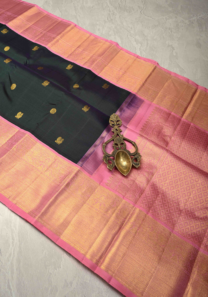 Bottle Green-Blue Dual Tone Pure Kanjivaram Silk Saree with Zari Buttas and Contrast Zari Border| SILK MARK CERTIFIED