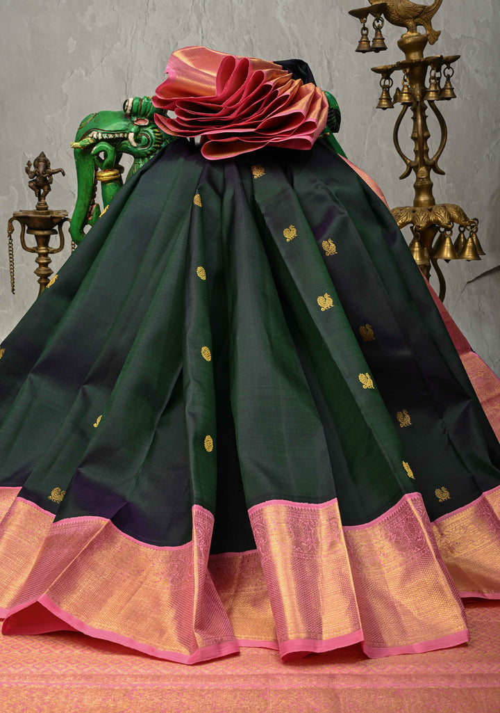 Bottle Green-Blue Dual Tone Pure Kanjivaram Silk Saree with Zari Buttas and Contrast Zari Border| SILK MARK CERTIFIED