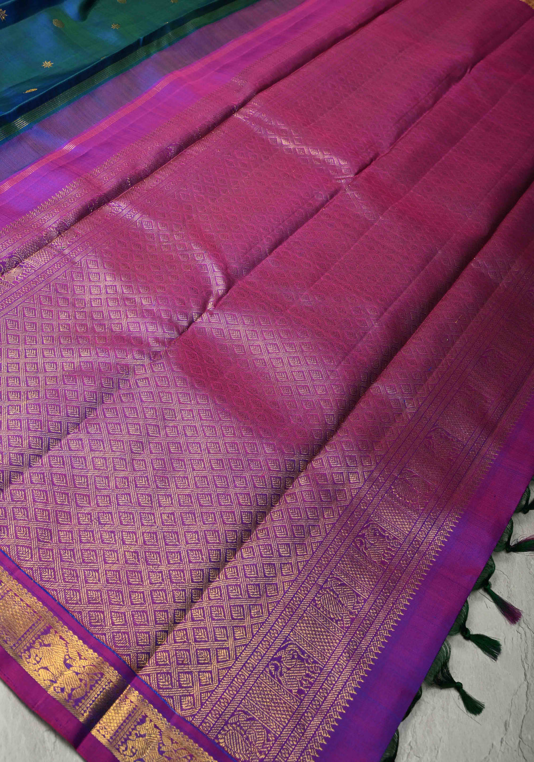 Peacock Blue-Green Dual Tone Pure Kanjivaram Silk Saree with Zari Buttas and Contrast Zari Border| SILK MARK CERTIFIED