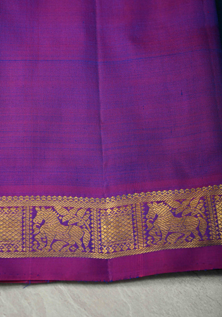 Peacock Blue-Green Dual Tone Pure Kanjivaram Silk Saree with Zari Buttas and Contrast Zari Border| SILK MARK CERTIFIED