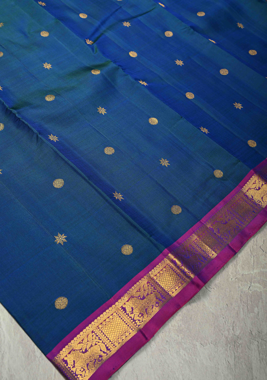 Peacock Blue-Green Dual Tone Pure Kanjivaram Silk Saree with Zari Buttas and Contrast Zari Border| SILK MARK CERTIFIED