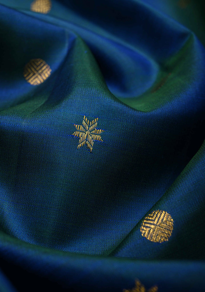 Peacock Blue-Green Dual Tone Pure Kanjivaram Silk Saree with Zari Buttas and Contrast Zari Border| SILK MARK CERTIFIED