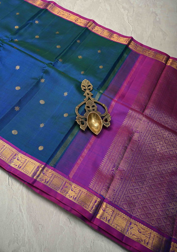 Peacock Blue-Green Dual Tone Pure Kanjivaram Silk Saree with Zari Buttas and Contrast Zari Border| SILK MARK CERTIFIED