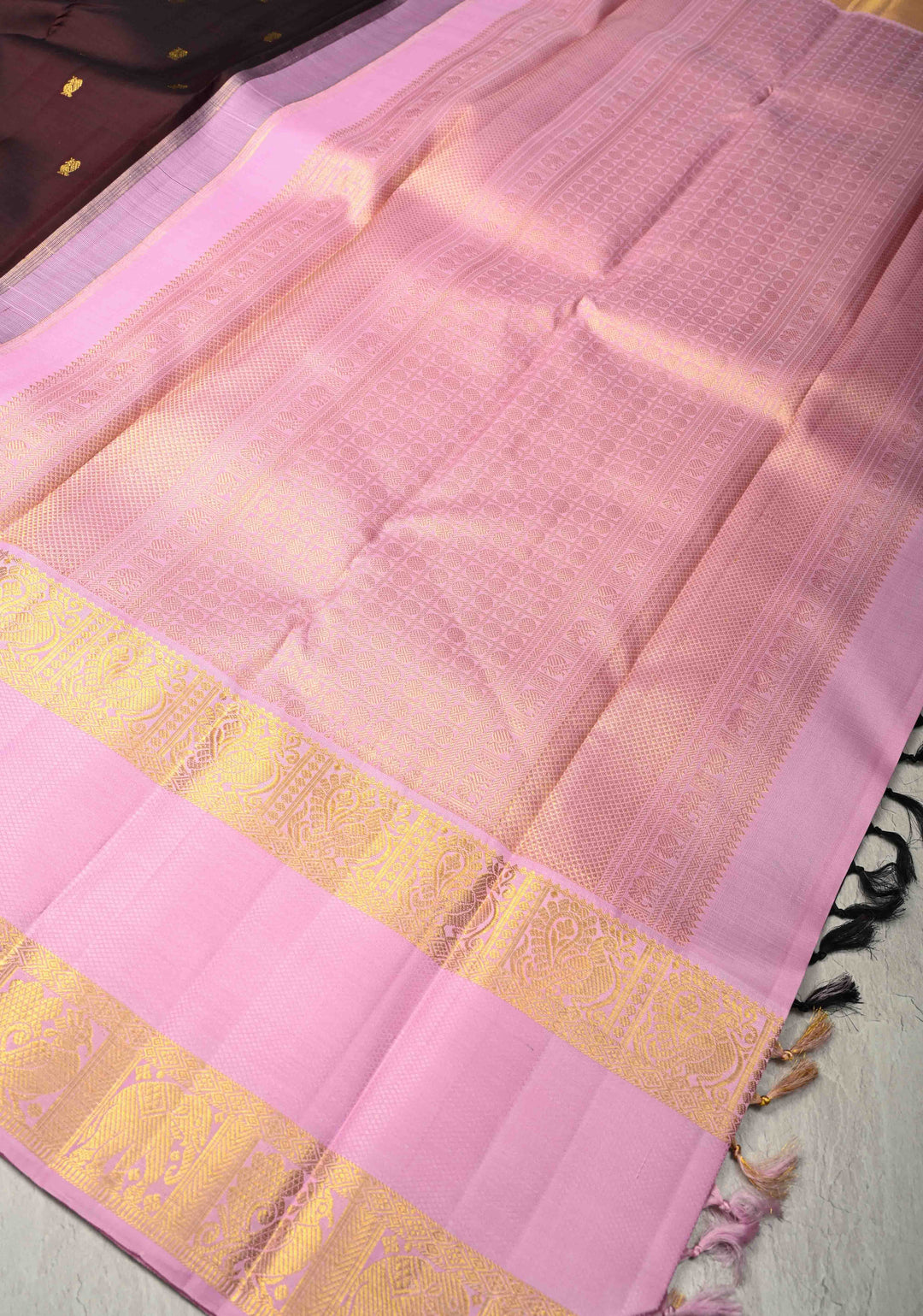 Deep Wine  Korvai Pure Kanjivaram Silk Saree with Zari Buttas and Contrast Rettaipet Zari Border| SILK MARK CERTIFIED | SHOBITAM